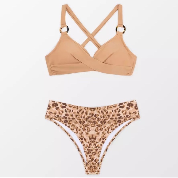 Muted Nude Leopard Mid Waist Bikini Set W/Hardware Ring Detail In Contrast Color - Picture 3 of 7